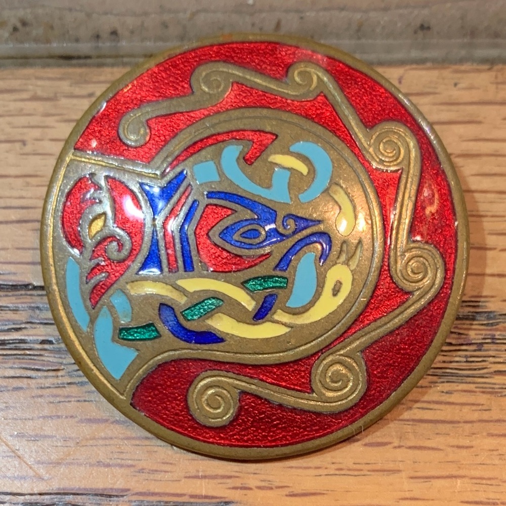 Tara Ware Ireland Round Colorful Enameled Celtic Design Gold Plated Metal Brooch